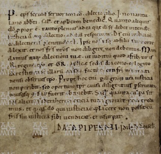32.O.II.2 c.1v Breve di Pasquale II col quale premesso daver consacrato Giovanni abbate di Nonantola conferma i diritti del monastero 1112  13 novembre copia di mano