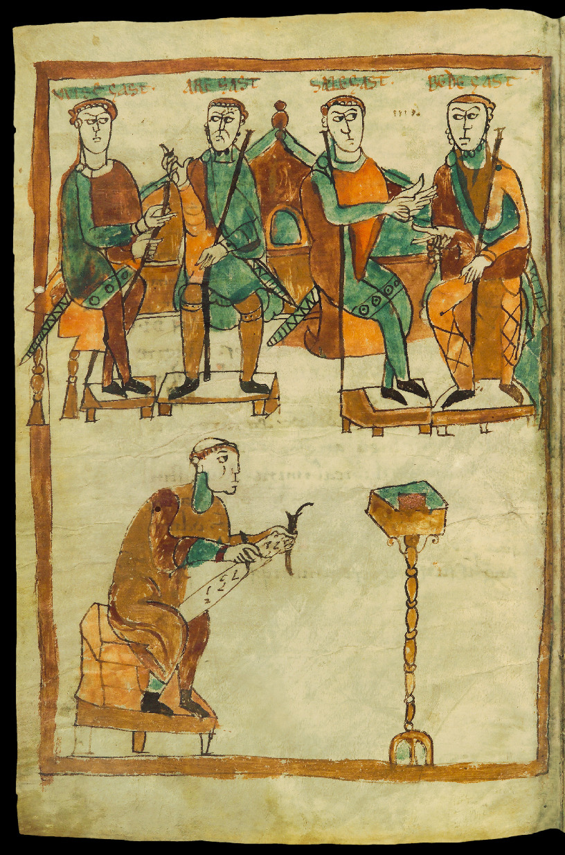 Autori della legge salica –Wisegast, Aregast, Salegast, Bedegast- nell’atto di dettarla a un monaco c. 11v Autori della legge salica –Wisegast, Aregast, Salegast, Bedegast- nell’atto di dettarla a un monaco c. 11v